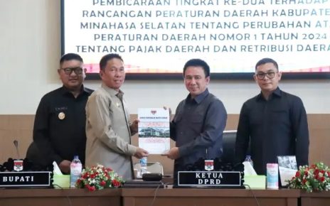 Bupati Minahasa Selatan (Minsel) Franky Donny Wongkar SH bersama Wakil Bupati Minsel Brigjen TNI (Purn) Theodorus Kawatu SIP menghadiri Rapat Paripurna DPRD Kabupaten Minahasa Selatan, pada Senin (16/6/2025), yang berlangsung di Ruang Rapat Kantor DPRD Kabupaten Minahasa Selatan.